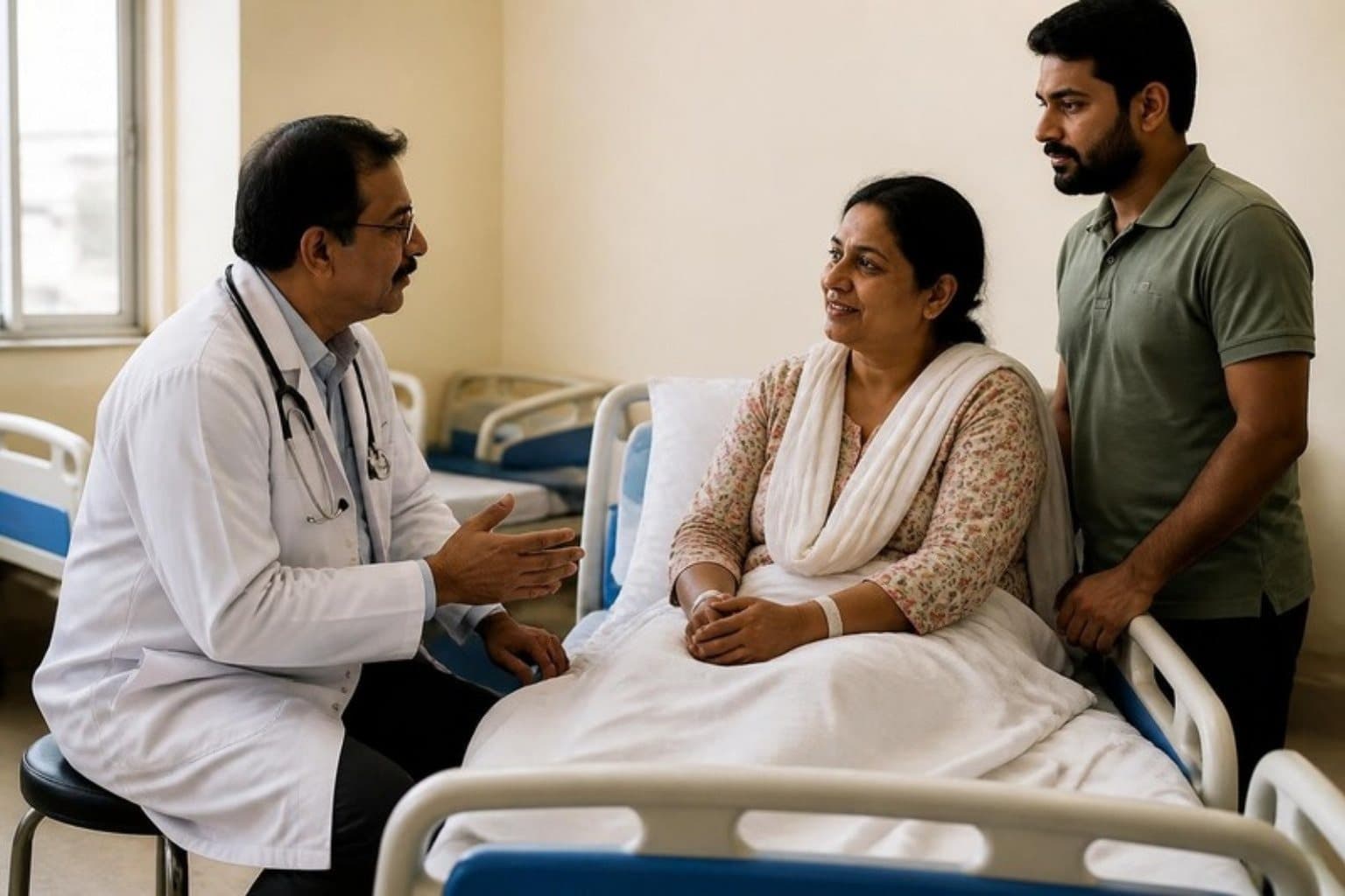 Representative image: a doctor explaining a treatment plan to a patient and her son at the bedside