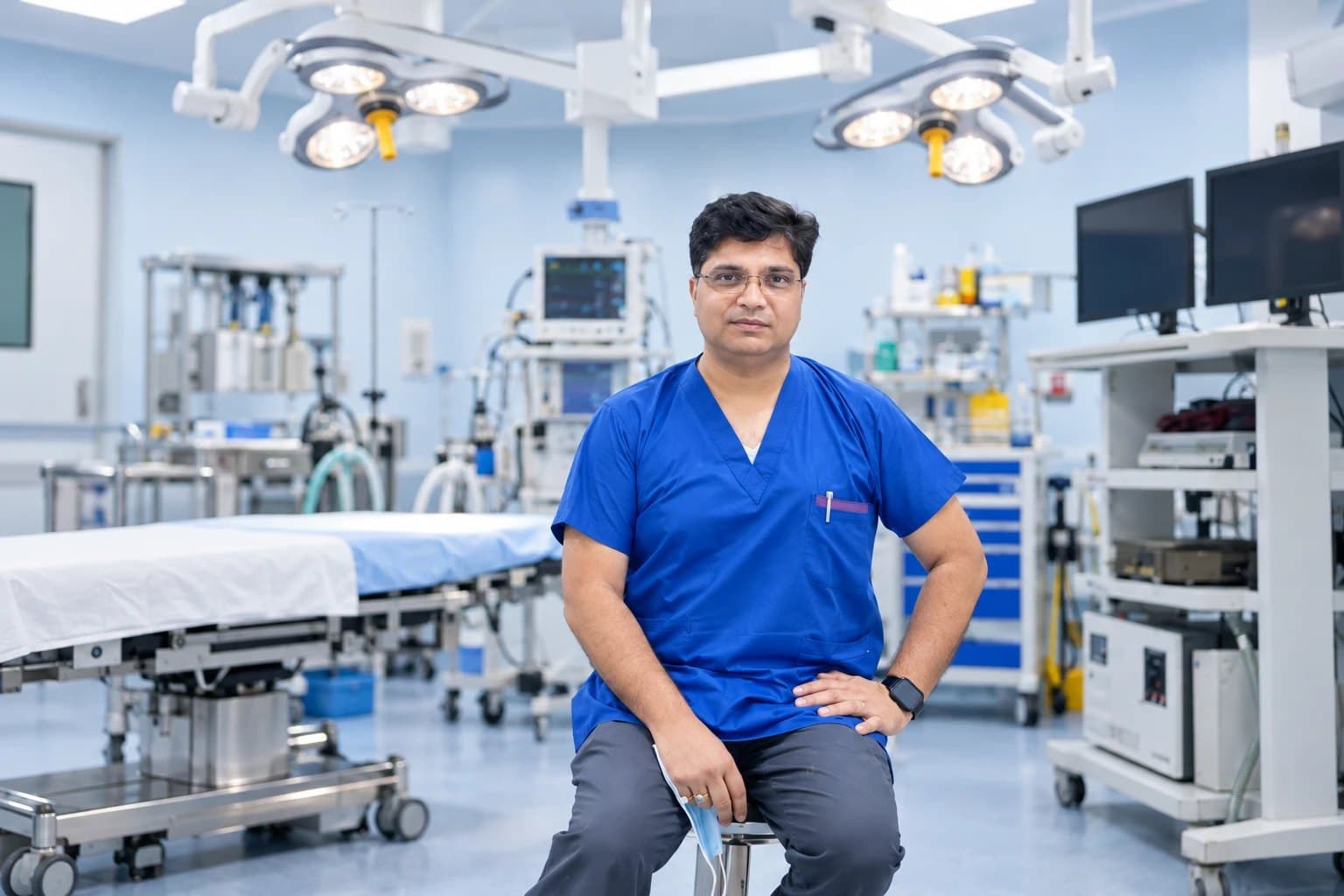 Dr. Omkar Singh Bhadoria, Bone, Joint & Spine Surgeon at BBSM Nursing Home, Raebareli, in surgical scrubs